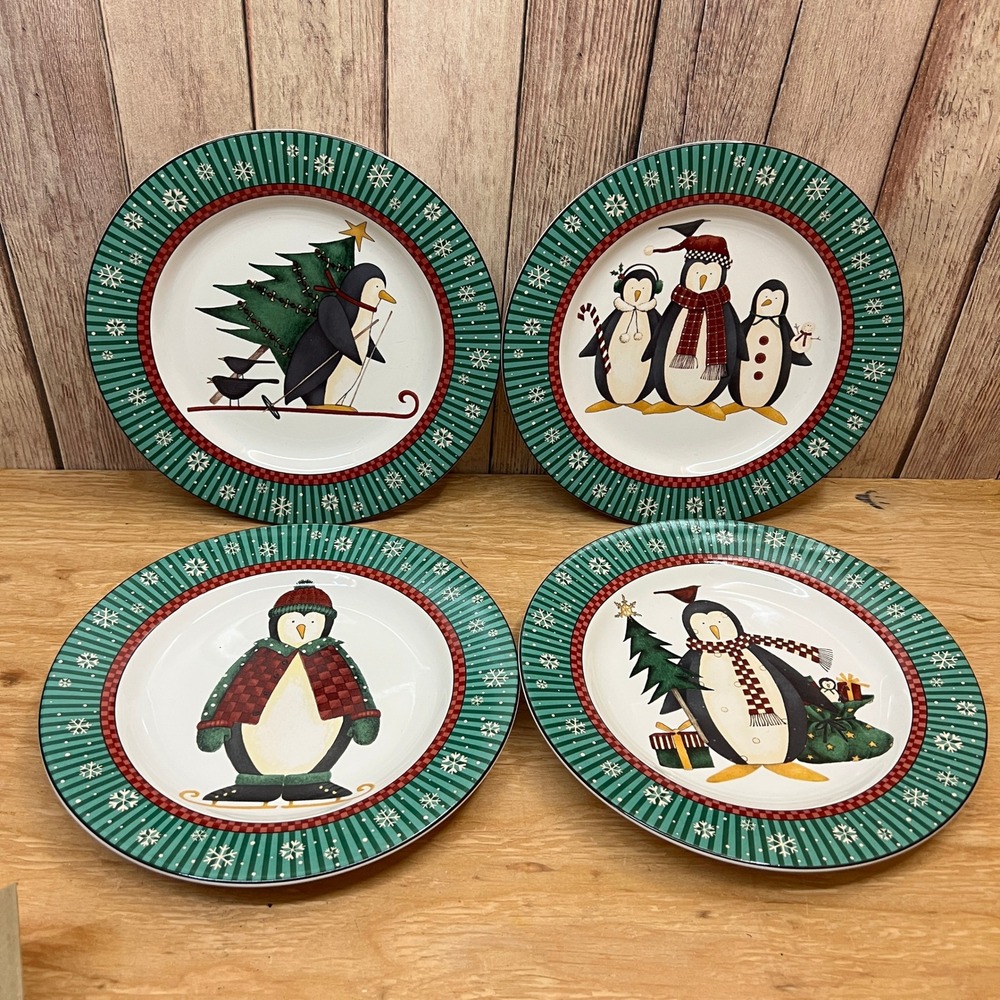 Debbie Mumm Sakura Penguins Salad Dessert Plates Set of 4 Christmas Vintage 1998
